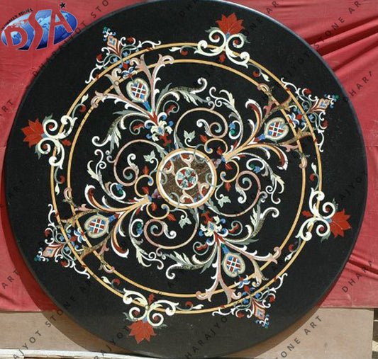 Round Black Marble Inlay Dining Table Top