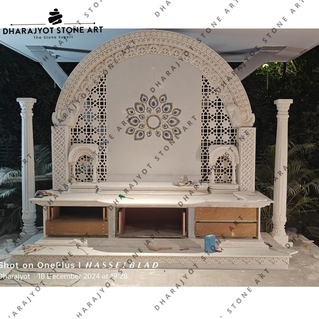 Hand Carved Vietnam White Marble Polish Mandir For Home Designer Temple