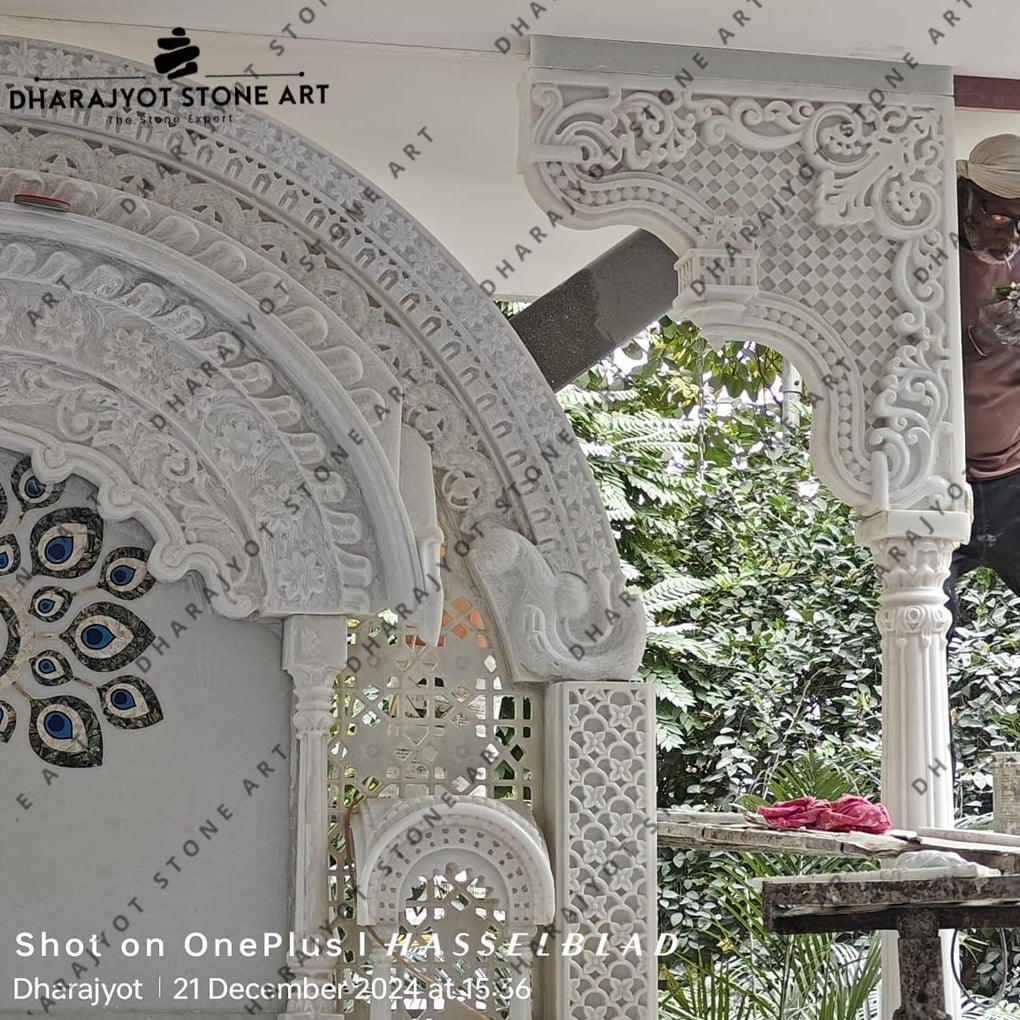 Hand Carved Vietnam White Marble Polish Mandir For Home Designer Temple