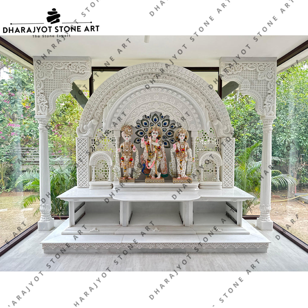 Hand Carved Vietnam White Marble Polish Mandir For Home Designer Temple