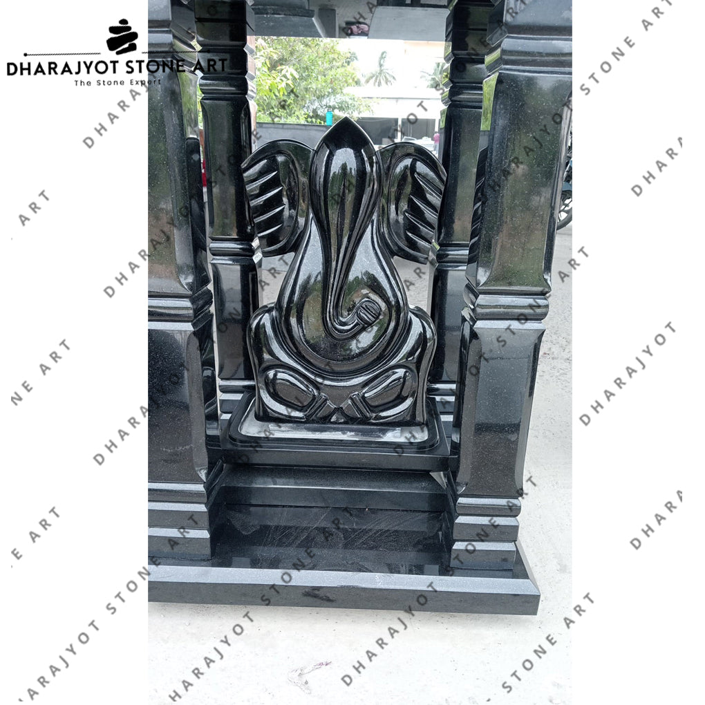 Handcrafted Black Granite Stone Temple with Lord Ganesha Idol