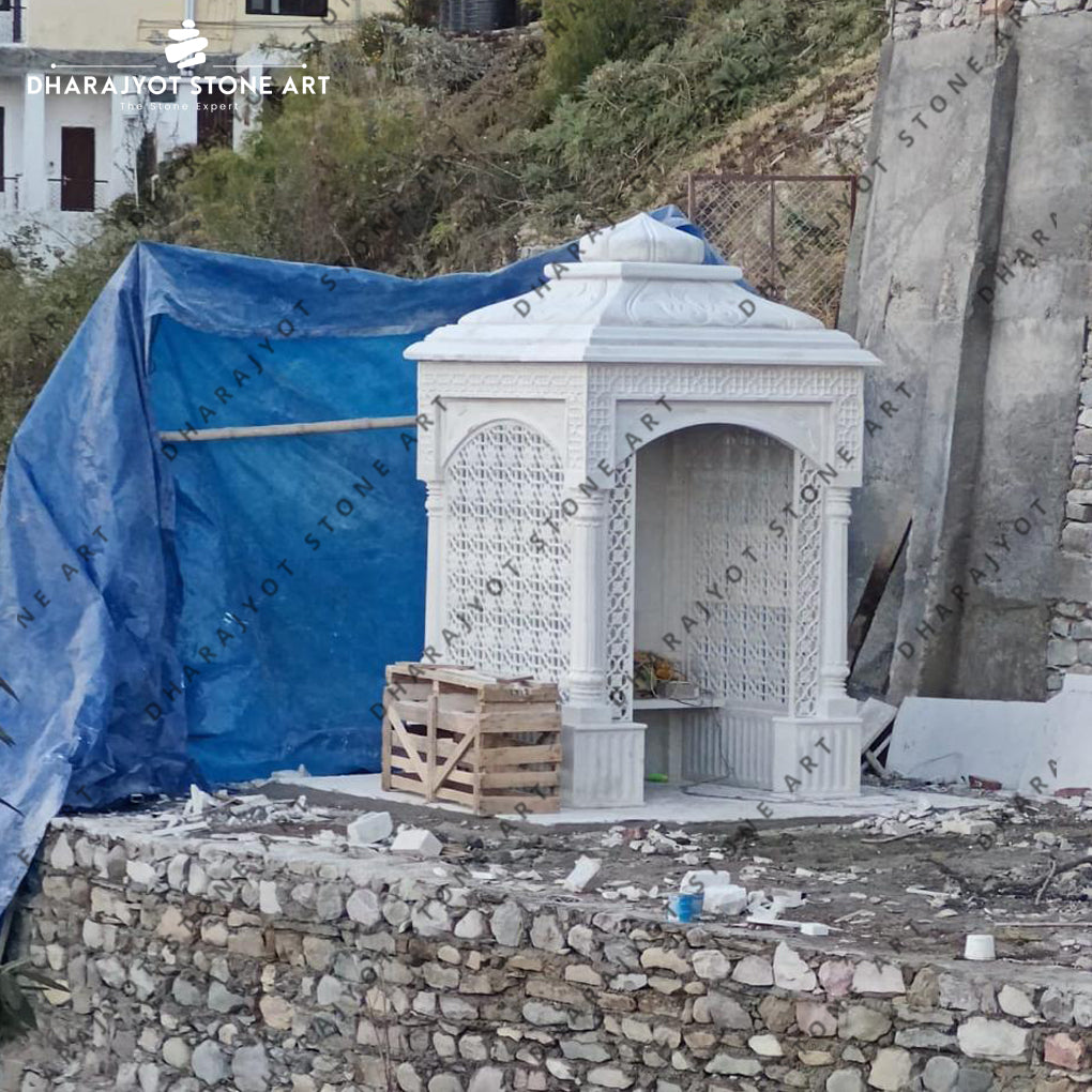 Home Elegant Handcrafted White Marble Temple with Intricate Jali Work