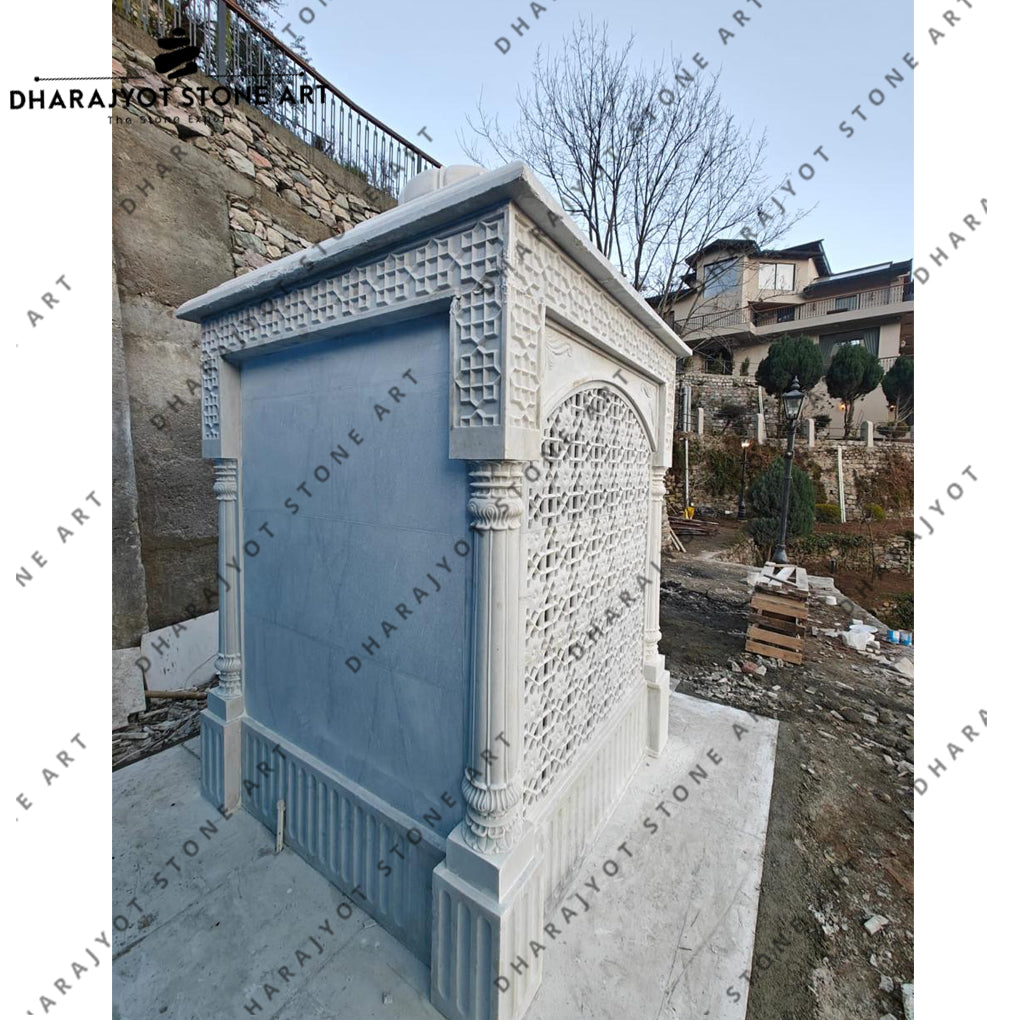 Home Elegant Handcrafted White Marble Temple with Intricate Jali Work