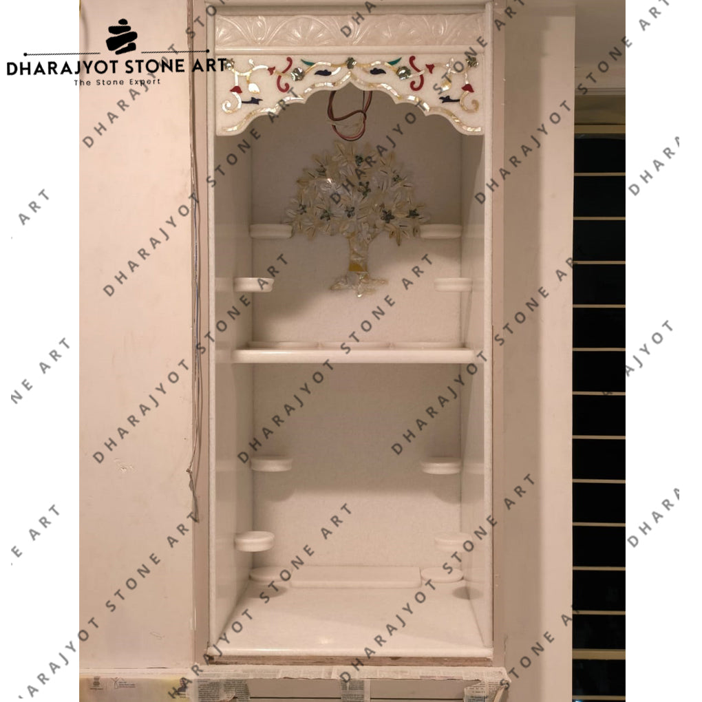 Hand Carving Elegant White Marble Stone Temple With Inlay Work