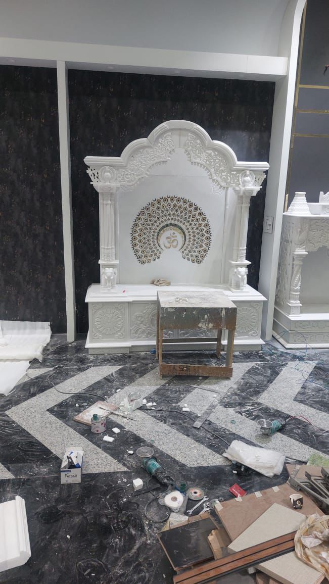 Decorative Peacock Inlay And Carved Pillars White Marble Pooja Mandir