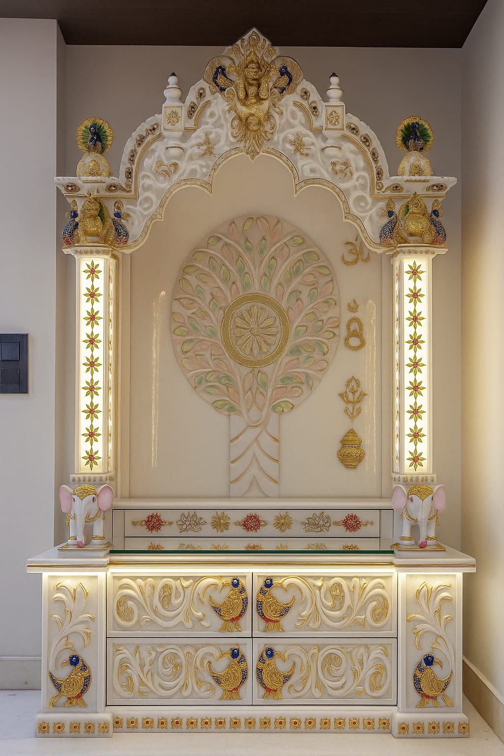 Tree Of Life Hand Carved White Marble Pooja Mandir