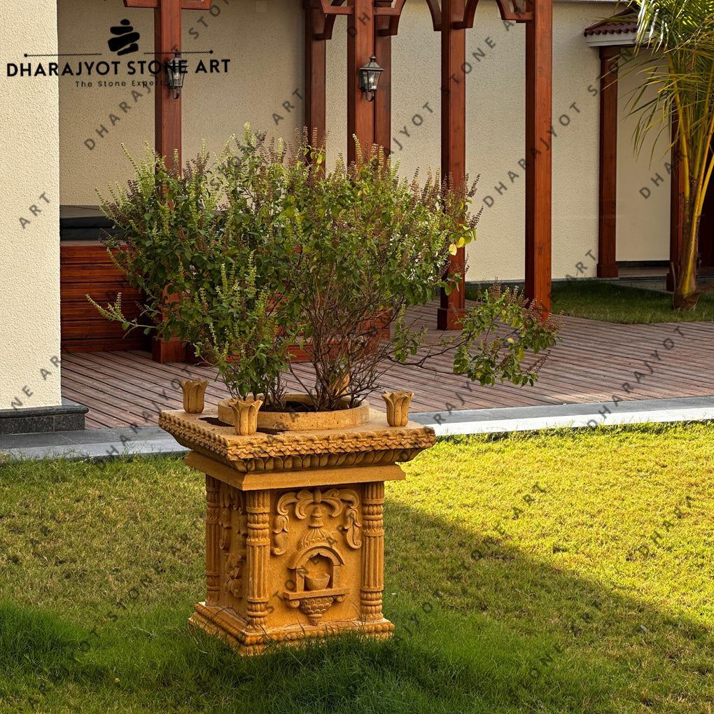 Yellow Decoration Stone Hand Carved Sandstone Tulsi Kyara
