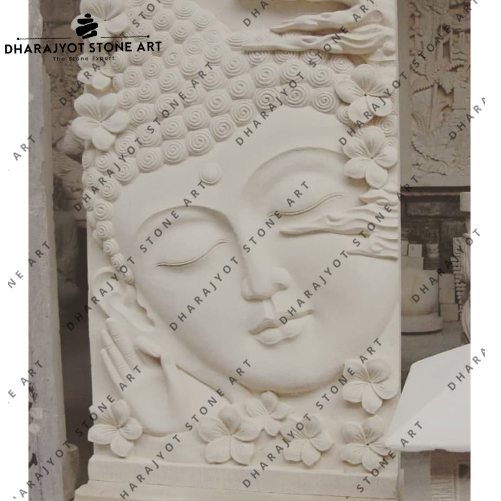 White Stone Buddha Wall Mural For Wall – Dharajyot Stone Art