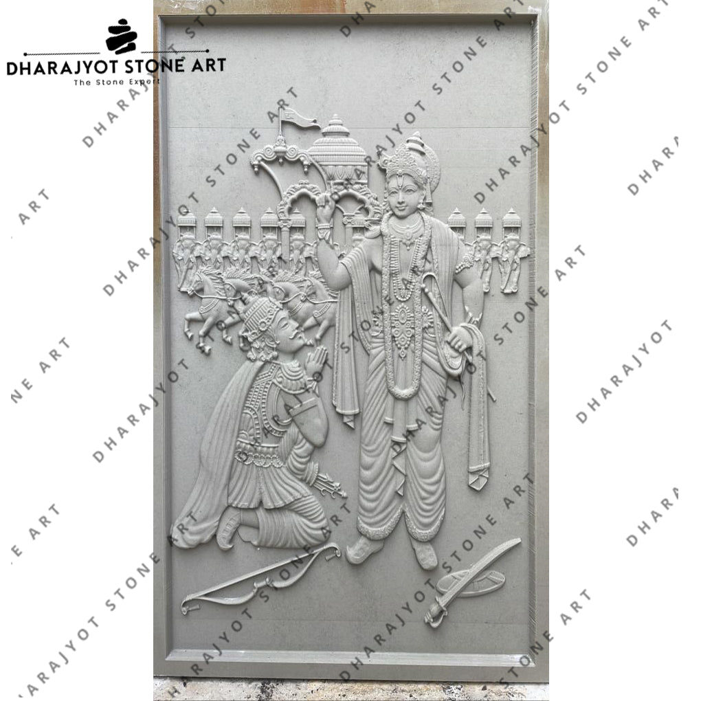 Mahabharat Scene Hand-Carved White Stone Wall Hanging