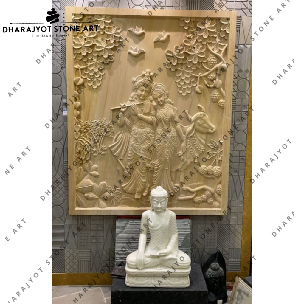 Hand-Carved Natural Sandstone Radha Krishna Wall Mural