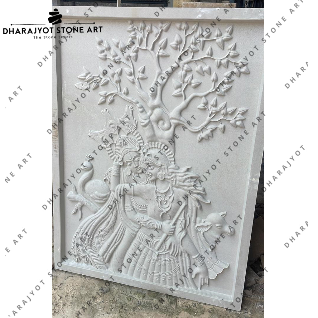 Elegant White Stone Radha Krishna Wall Mural