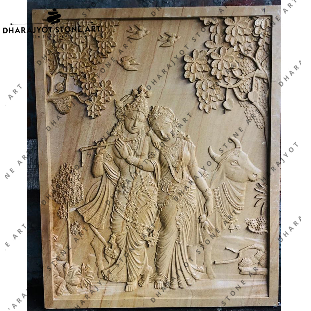Handcrafted Sandstone Krishna Radha Wall Mural