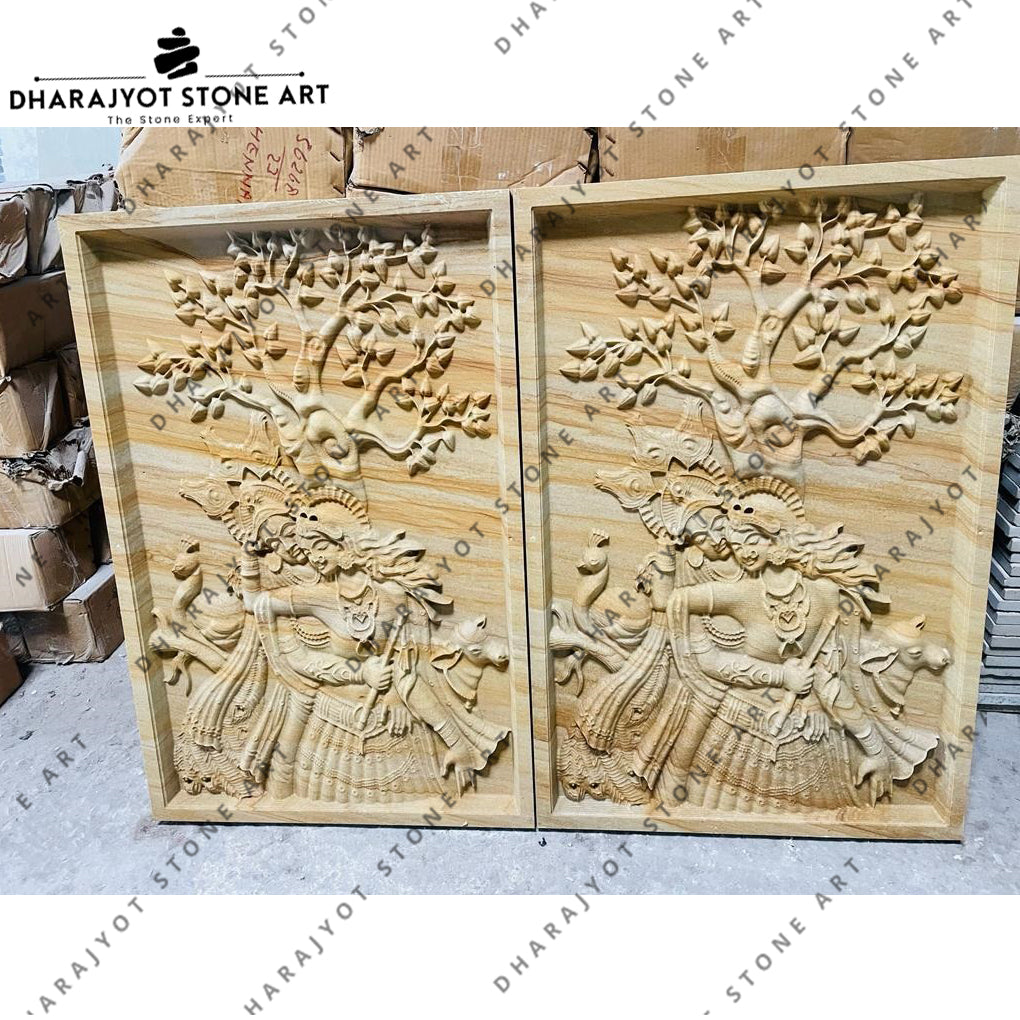 Lord Krishna Indian Decorative Carved Stone Wall Mural