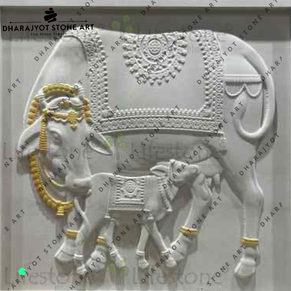 Natural White Marble Polished Antique Cow With Calf Wall Mural