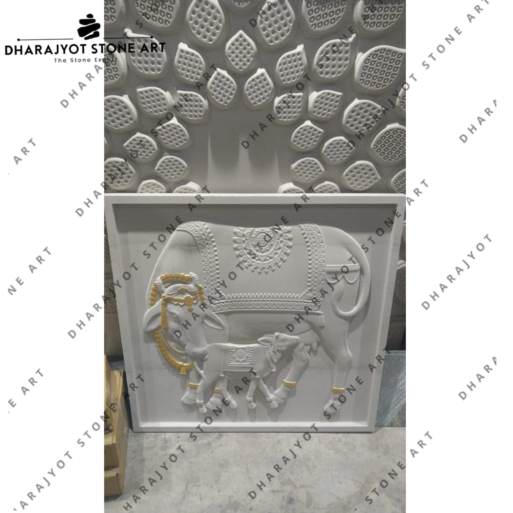 Natural White Marble Polished Antique Cow With Calf Wall Mural