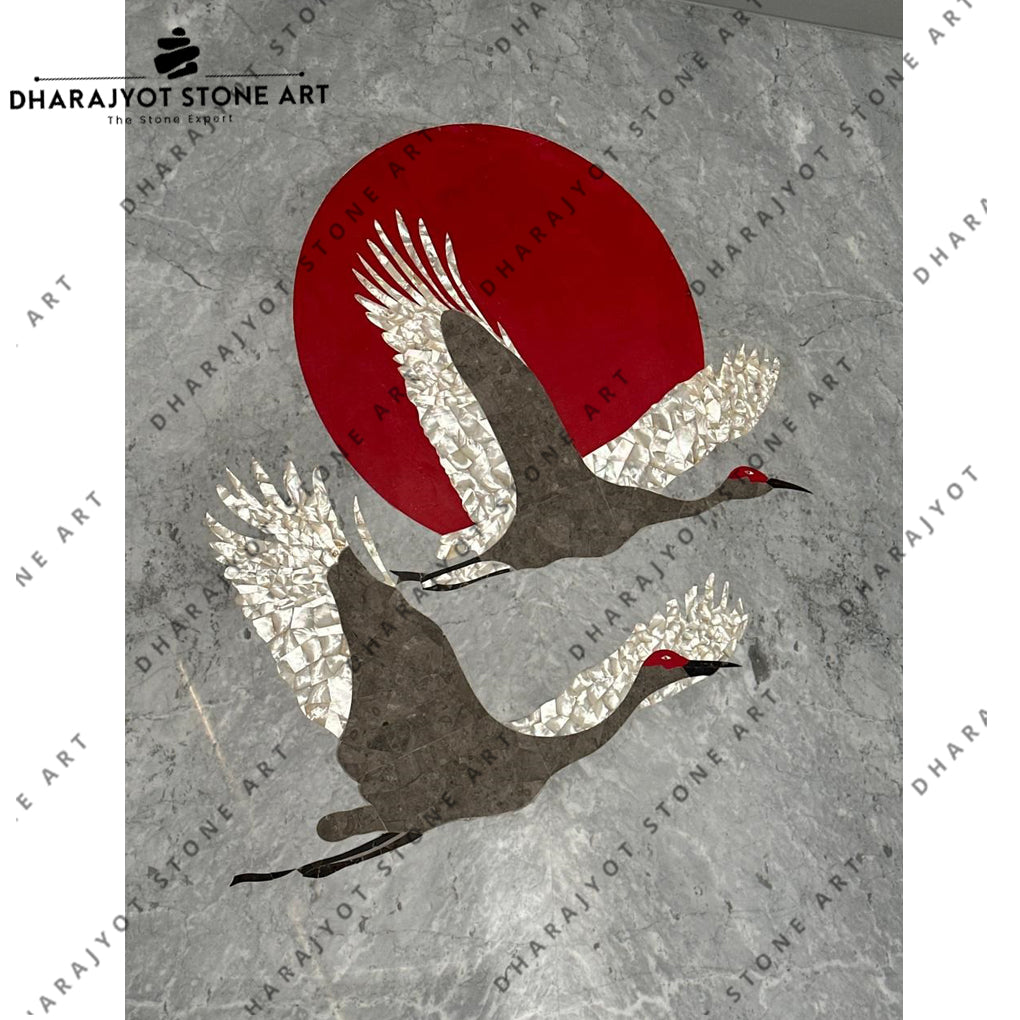 Elegant Handcrafted Flying Birds and Red Sun Design Stone Mural
