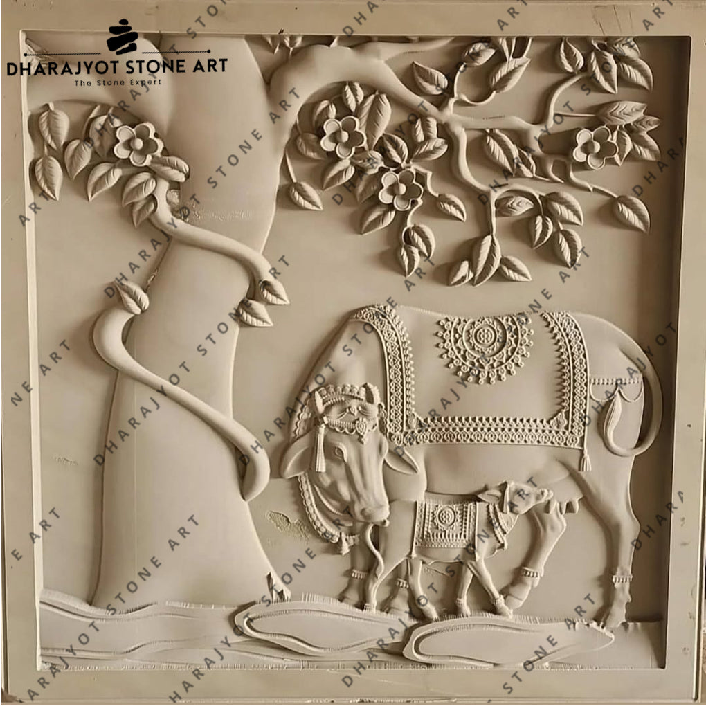 Traditional Indian Divine Kamdhenu Cow and Calf Carved Stone Wall Mural