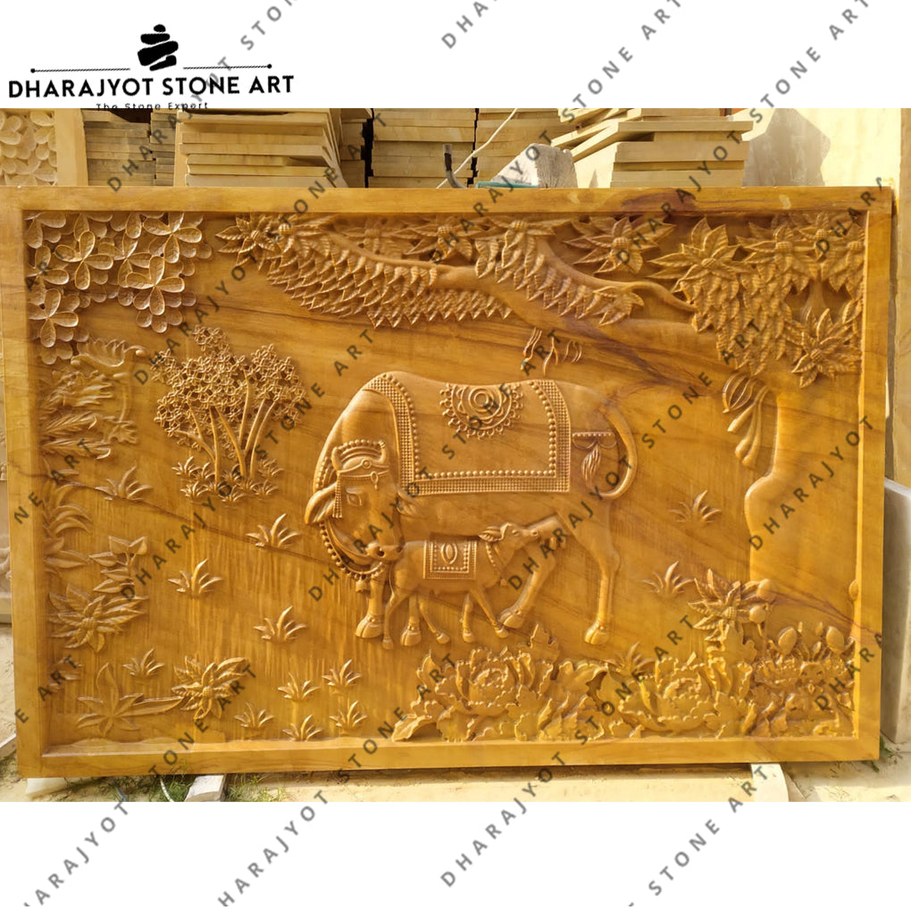 Antique Finish Sculpture Cow & Calf Bas-Relief Stone Wall Hanging