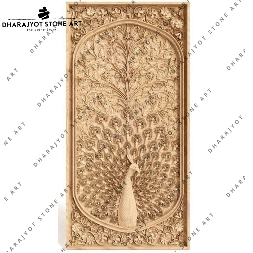 Luxury Hand-Carved Peacock Stone Wall Mural