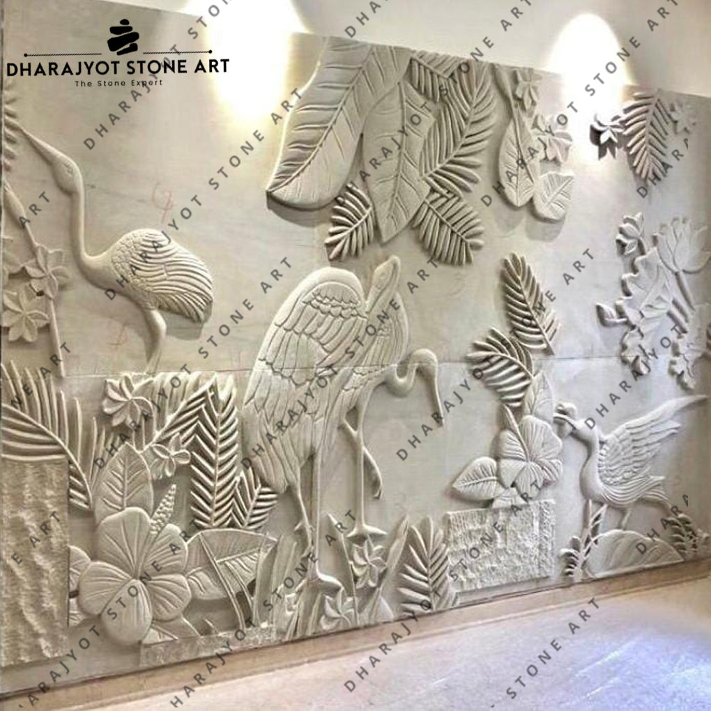 Artistic Bird & Leaf Marble Hand Carving Stone Wall Mural