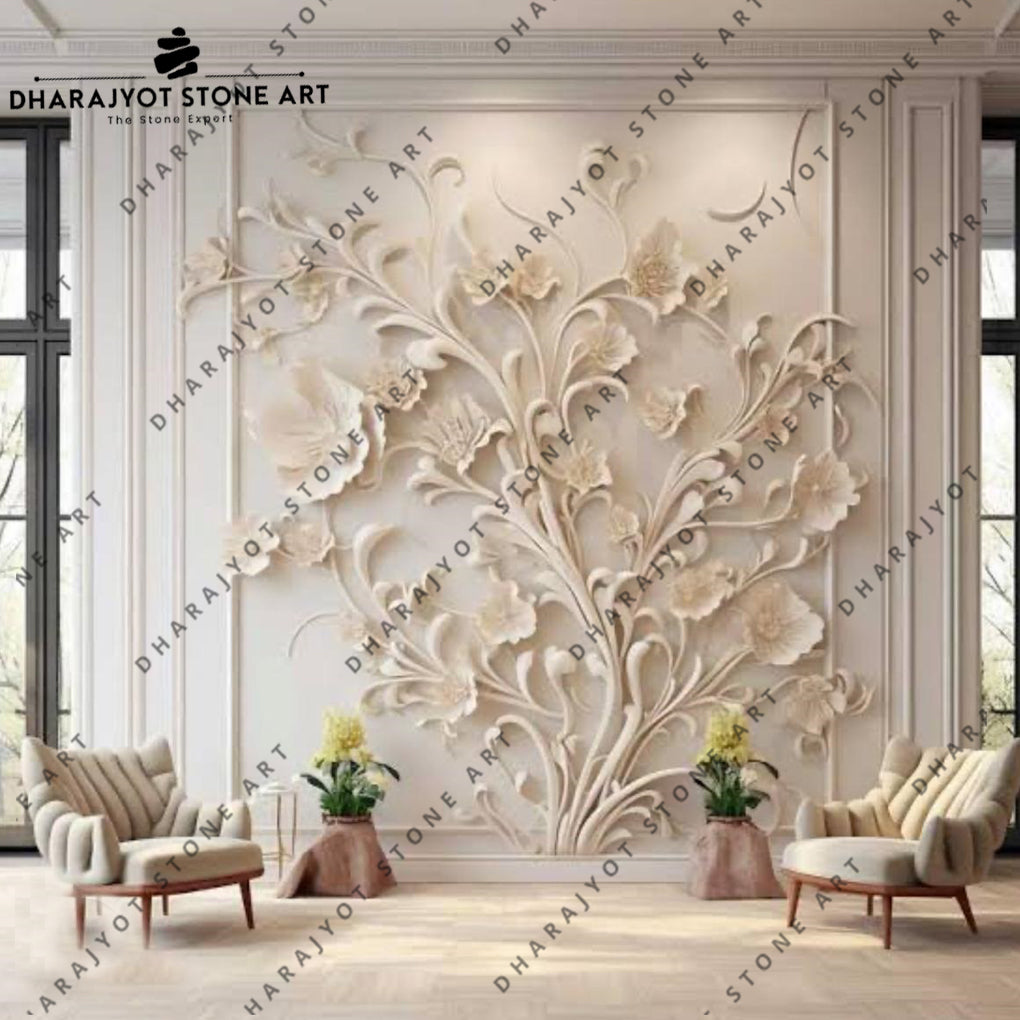 Luxury 3D Handcrafted Floral Stone Wall Mural