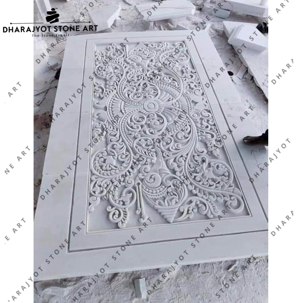 Hand-Carved White Marble Floral Wall Panel