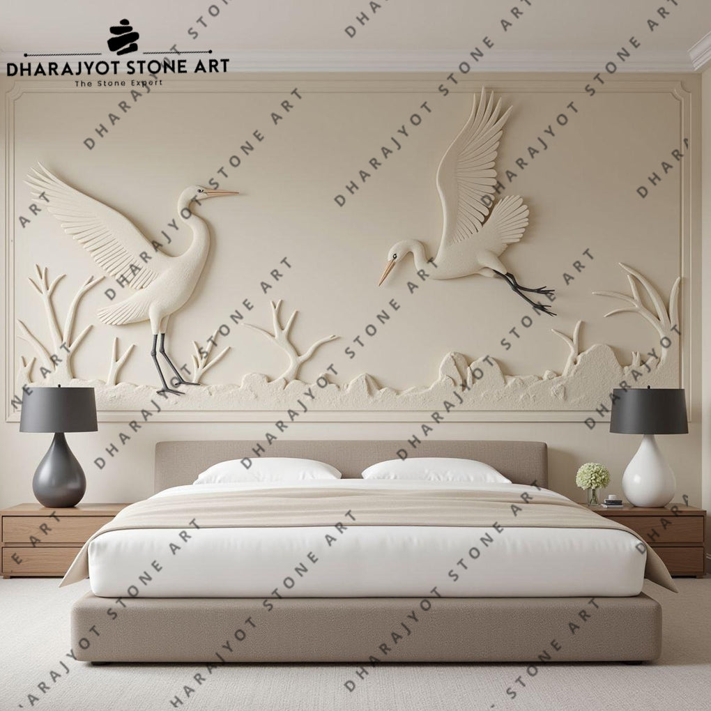Luxury Bedroom Handcrafted Crane Bird Stone Wall Mural