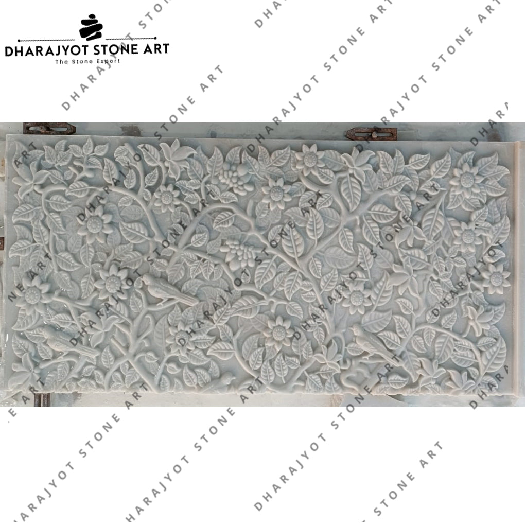 Handcarved White Marble Floral Wall Mural