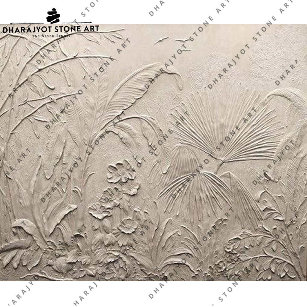 Hand-Carved Tropical Leaf Stone Wall Mural