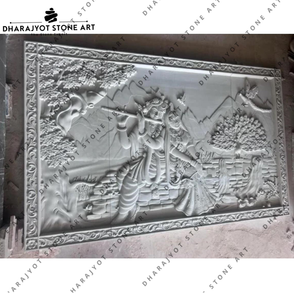 Elegant 3D Hand-Carved Marble Radha Krishna Wall Mural