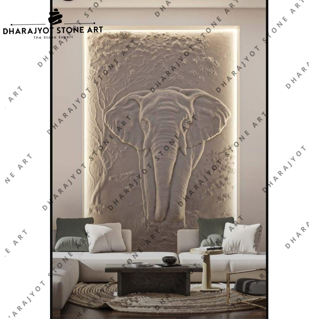 Elegant Elephant Head 3D Carved Stone Wall Mural