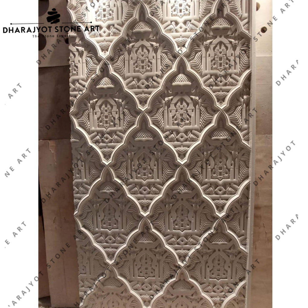 Elegant Mughal-Style White Decorative Sandstone Wall Mural