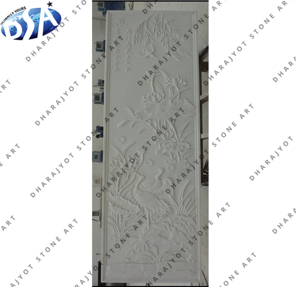 Birds and Floral Motif Natural Stone Hand Carved Wall Panel