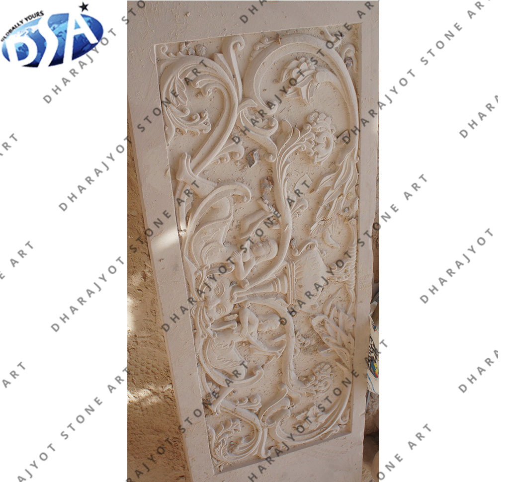 Classic Decorative Natural Stone Hand Carved Floral Vine Design Wall Panel