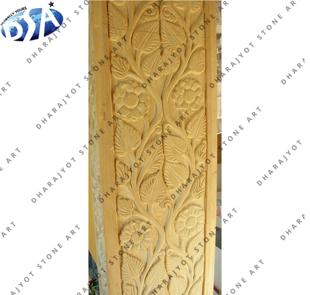 Floral and Leaf Design Hand-Carved Sandstone Wall Panel