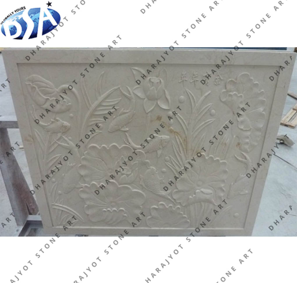Elegant Decorative White Stone Hand-Carved Floral Wall Panel