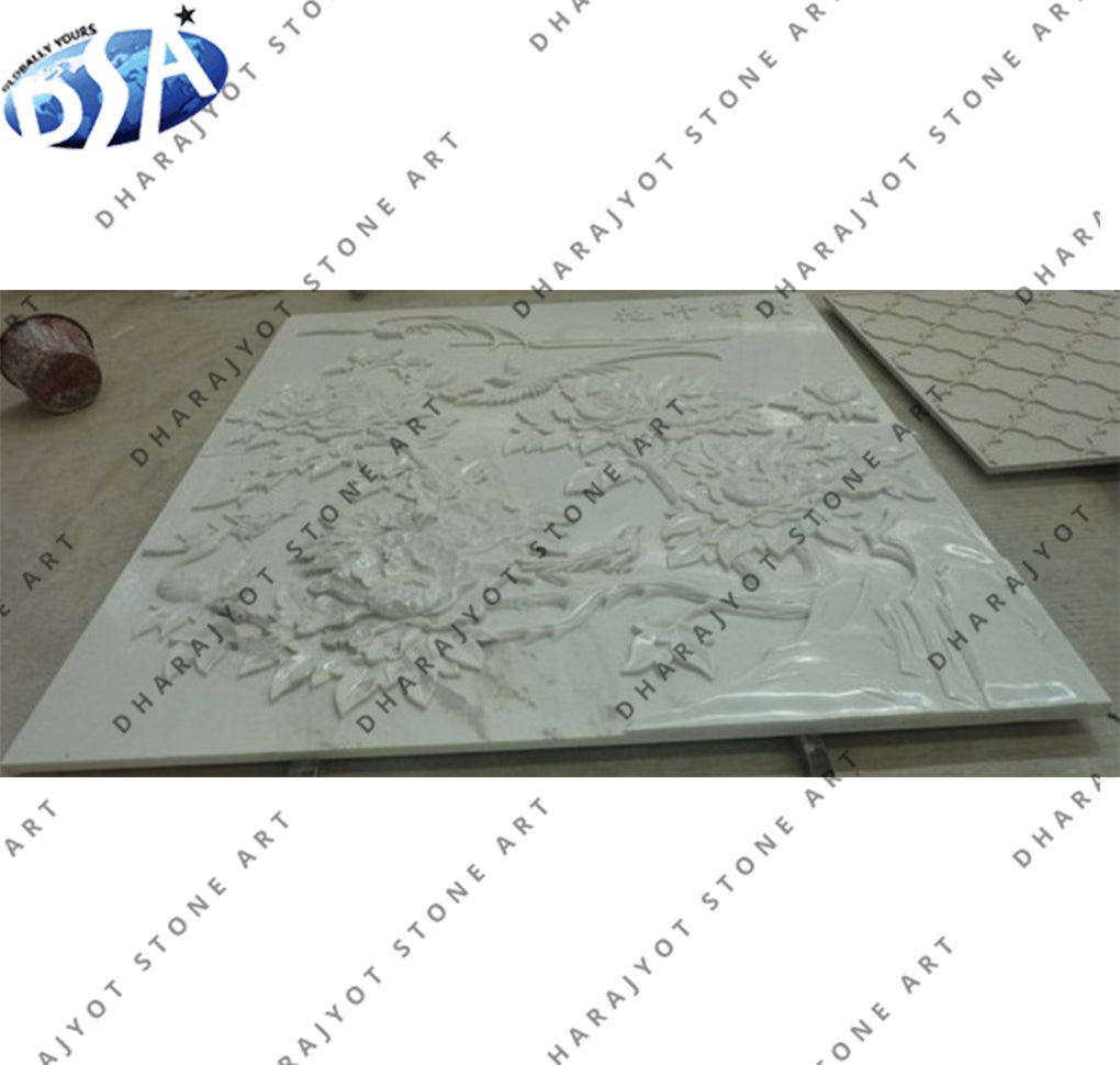 Elegant White Engraved Decorative Floral Stone Wall Panel