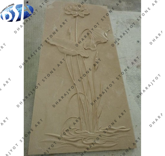 Beige Marble Limestone Relief Flower Sculpture Hand Carved Wall Panel