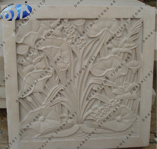 3D Floral Relief Sculpture Handcrafted Lotus Flower Stone Wall Panel