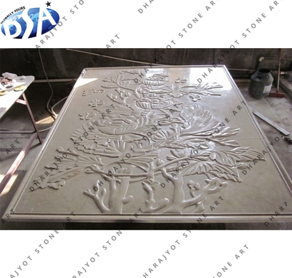 Nature-Inspired Relief Mural Elegant Hand-Carved Stone Wall Panel