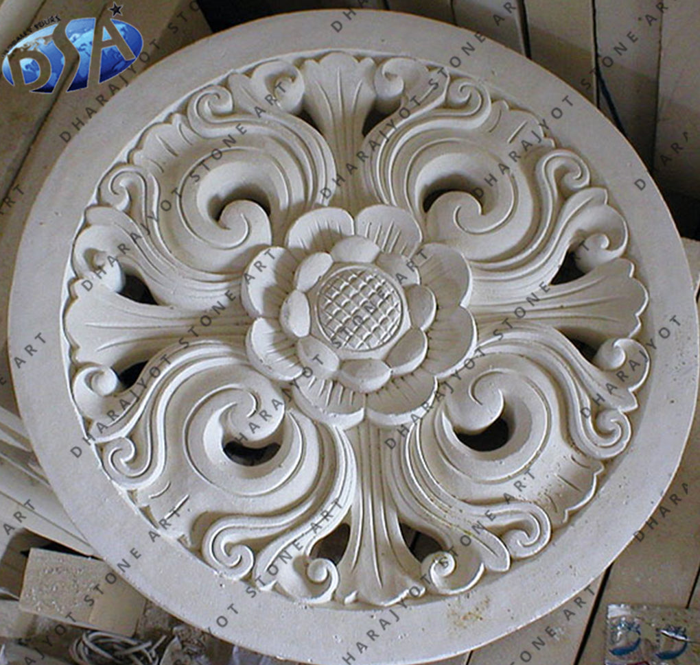 Hand-Carved Natural Stone Round Floral Wall Panel