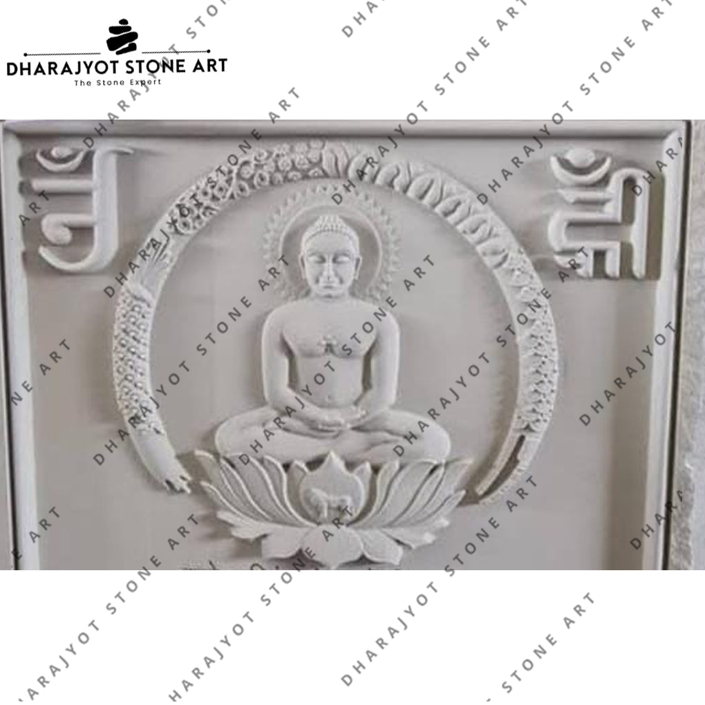 Hand-Carved White Decor Jain Mahavir Marble Wall Panel