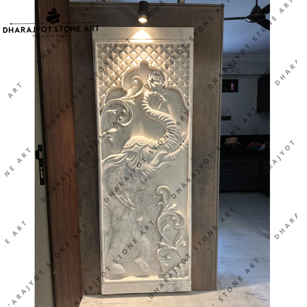 Elegant Elephant Design Natural White Marble Wall Murals