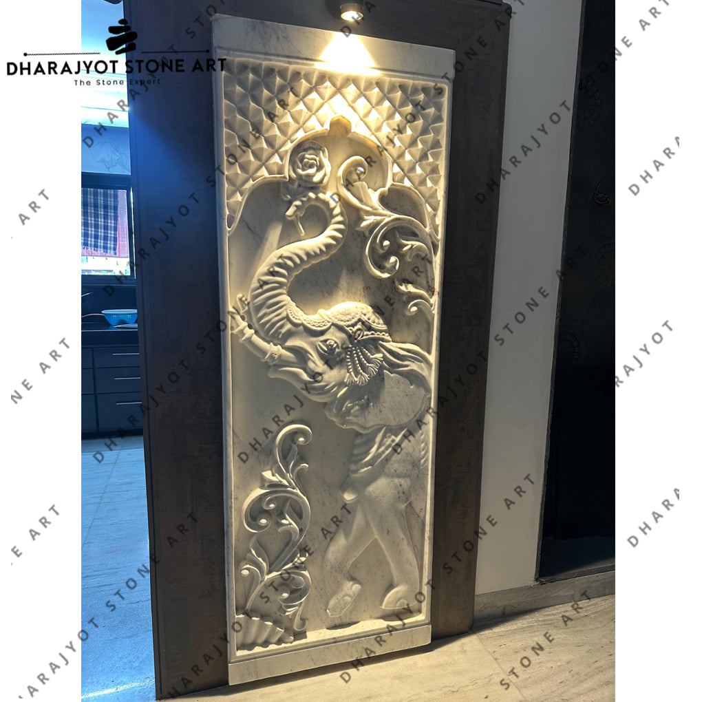 Elegant Elephant Design Natural White Marble Wall Murals