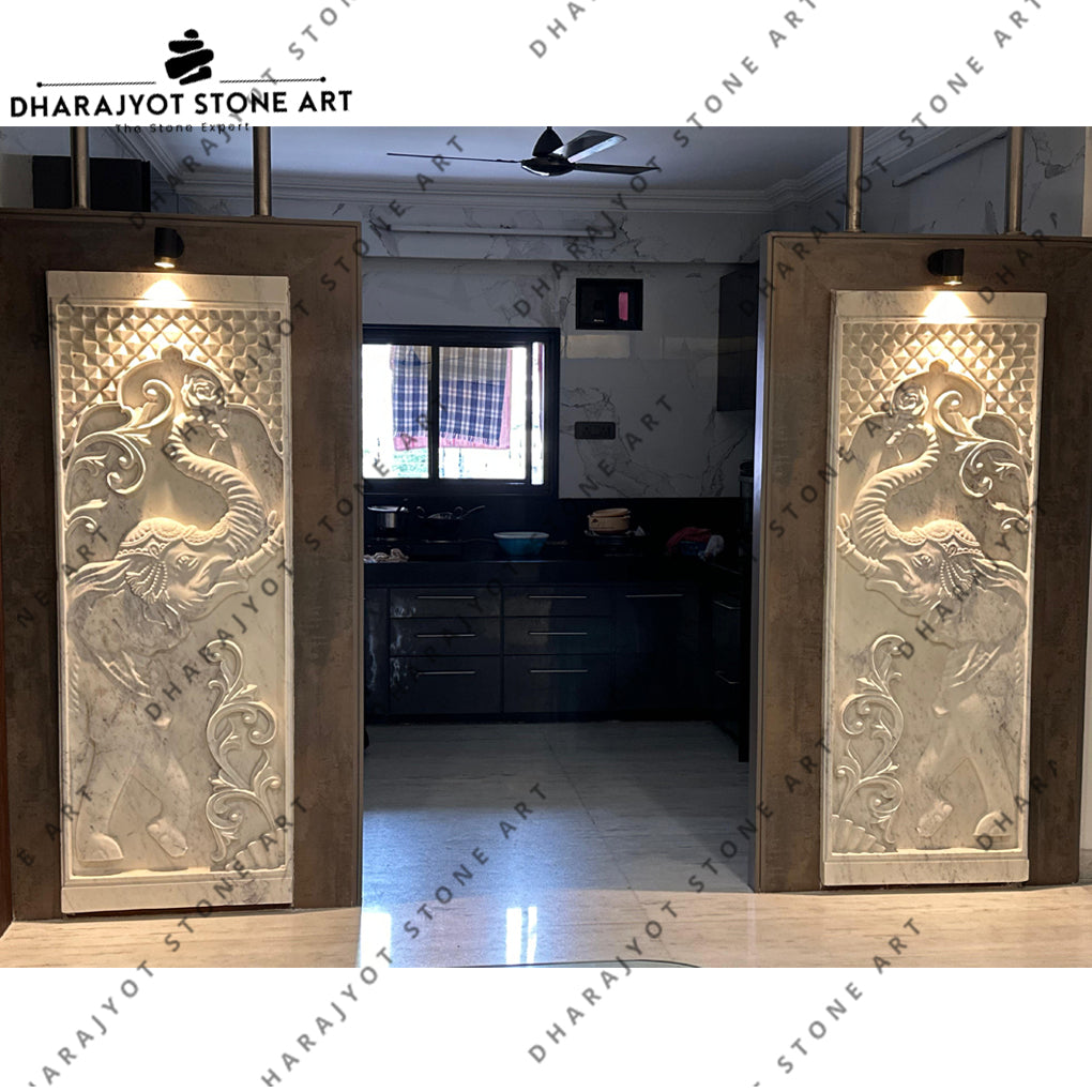 Elegant Elephant Design Natural White Marble Wall Murals