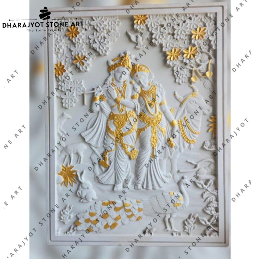 Hand-Carved Devotional White Stone Radha Krishna Wall Panel
