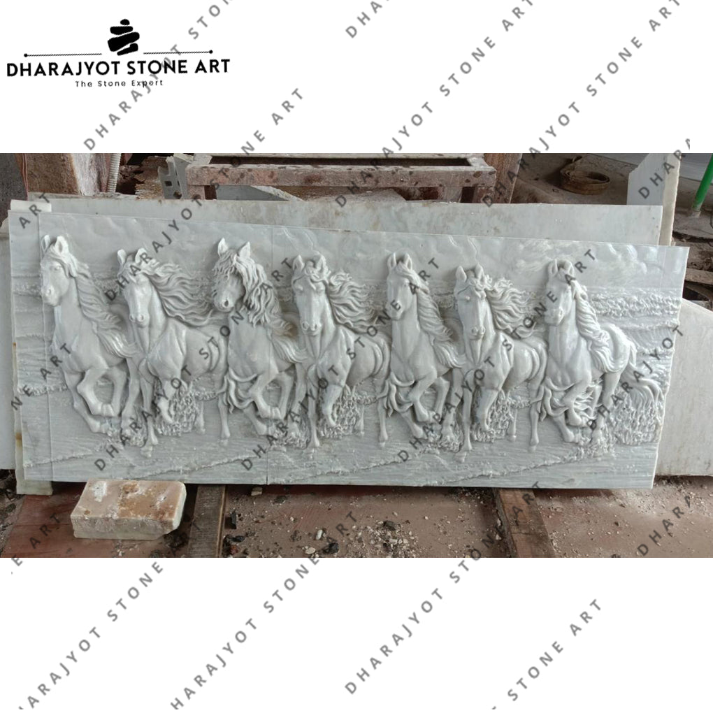 Home Décor Handcrafted White Marble Seven Horses Wall Panel