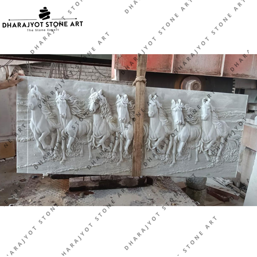 Home Décor Handcrafted White Marble Seven Horses Wall Panel
