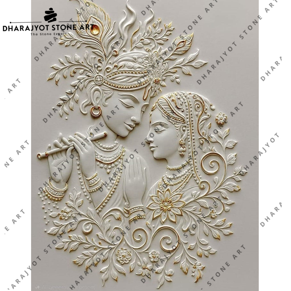 Elegant 3D Radha Krishna Hand-Carved Marble Mural