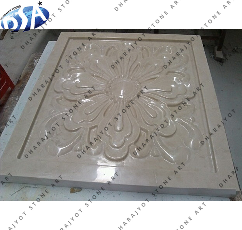 Hand-Carved Polished Glossy Floral Natural Stone Wall Panel